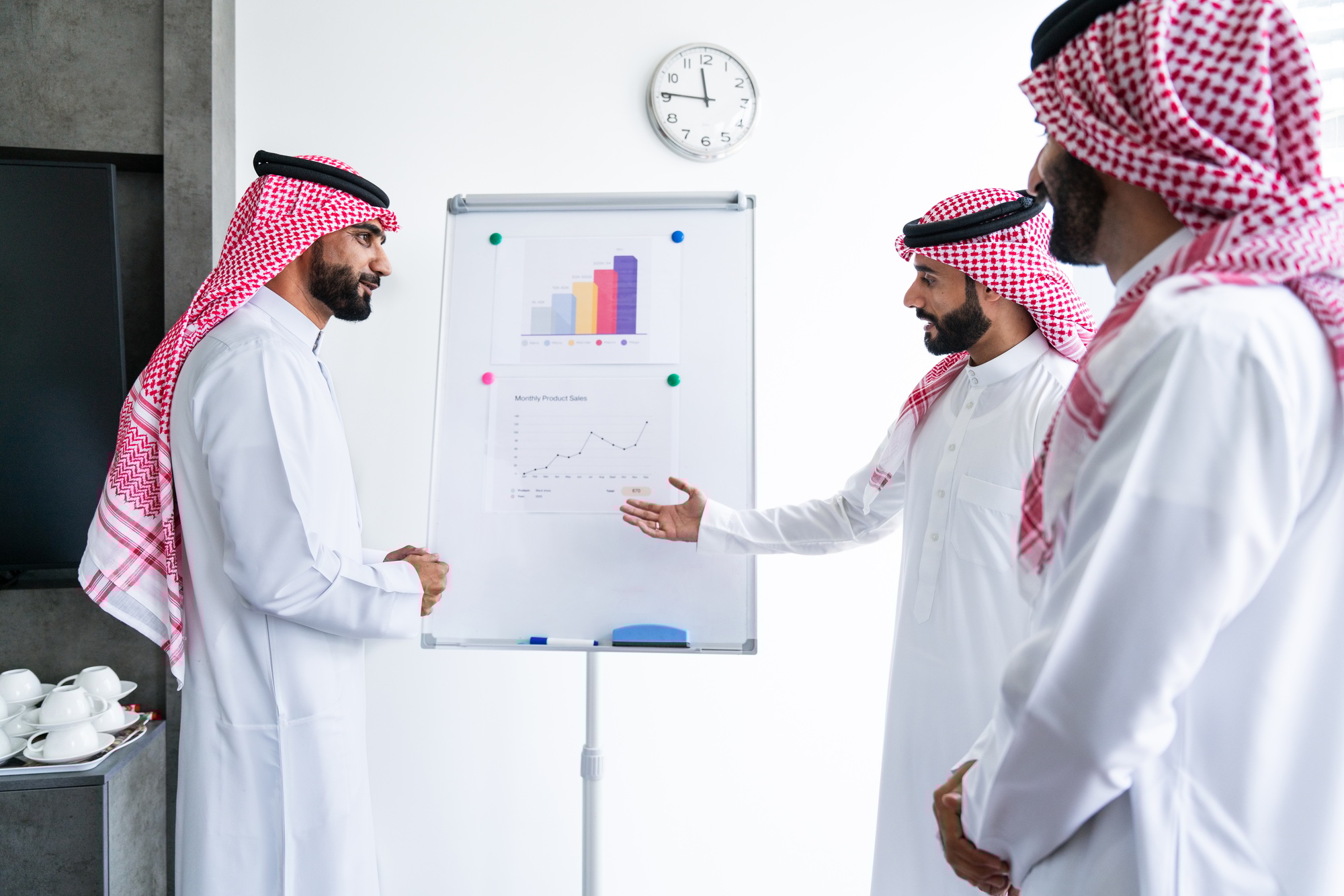 Arab businessmen wearing saudi kandura meeting in office for business deal